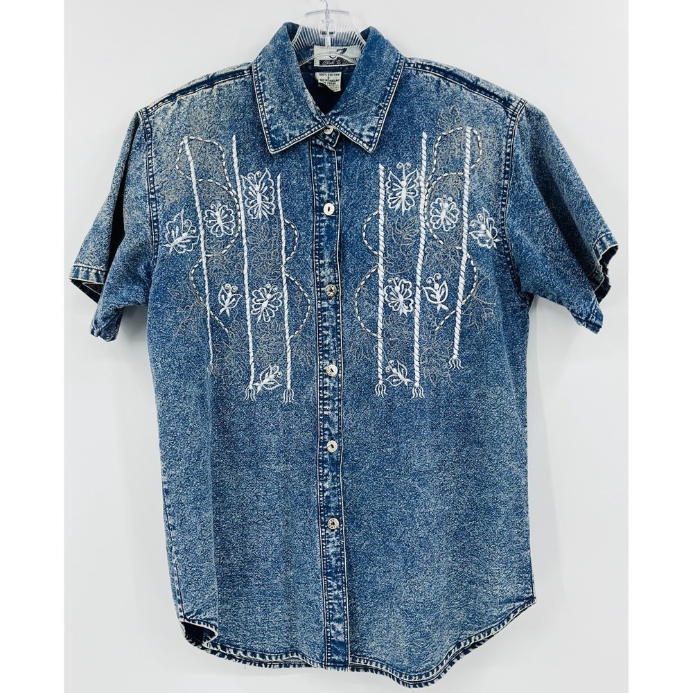 Vintage Club Z Acid Wash Denim Embroidered Beaded Top Shirt Oversized Small